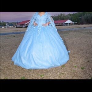 Light Blue Ball Gown with Floral detachable Cape/ Quinceañera Dress
